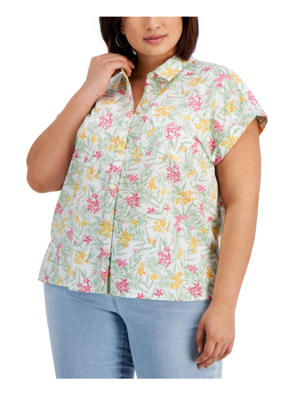 Style & Co. Plus Size 0X Floral Printed 100% Cotton Button-Down Shirt NWT